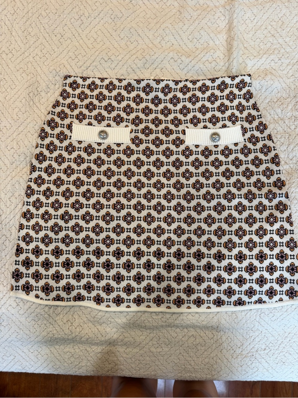 Maje off white sweater Mini Skirt with Brown and Black Geometric Tile Print